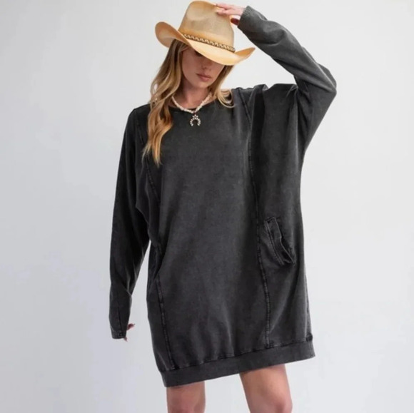 Easel Black Washed Terry Knit Long Sleeve Pullover Tunic Dress New - Picture 2 of 6